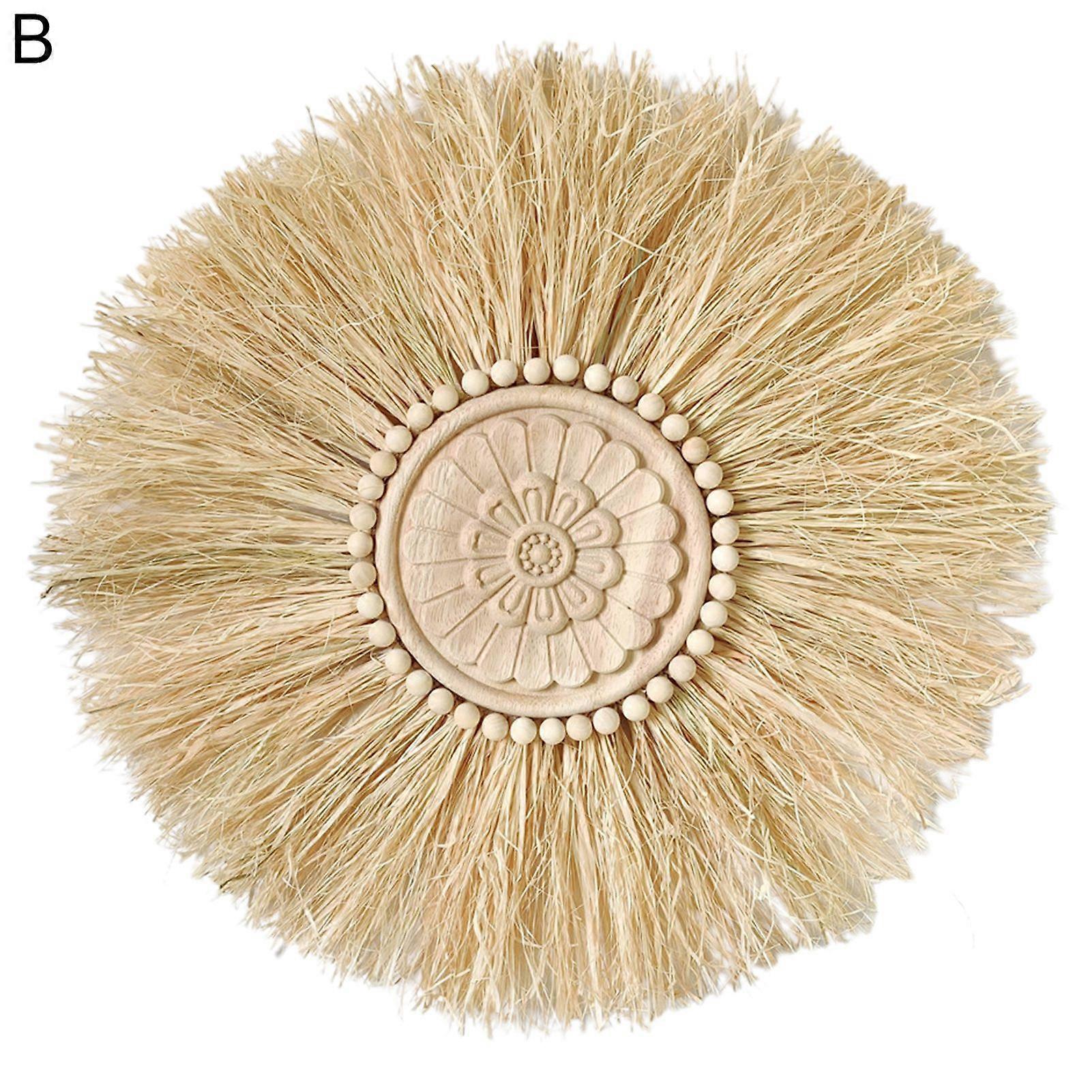 Straw Ornament Creative Vintage Wood Beads Round Woven Macrame Wall Straw Decor for Farmhouse