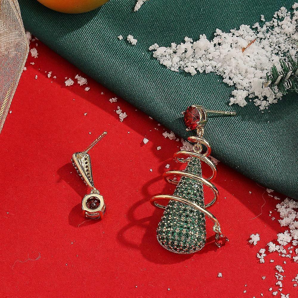 Cute Christmas Tree Dangle Earrings for Women Shiny Green and Red Crystals Metallic Asymmetric Gold Color Unique Gift