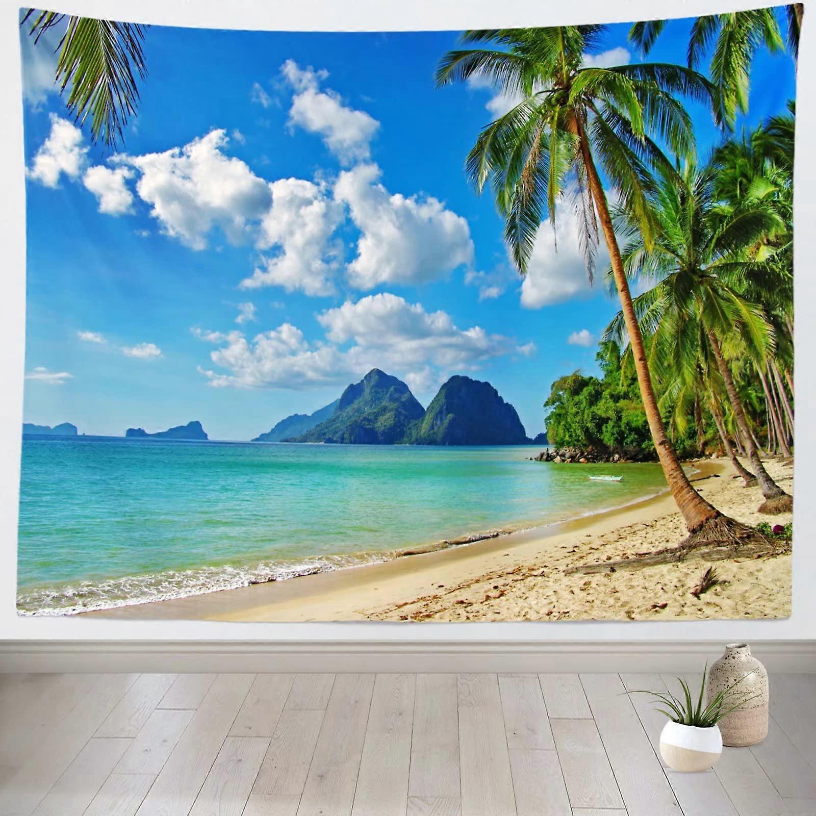 Ocean Beach Goblen 80x60 Inch Tropical Coast Wall Art with Island Palm Trees and Ocean Waves Design