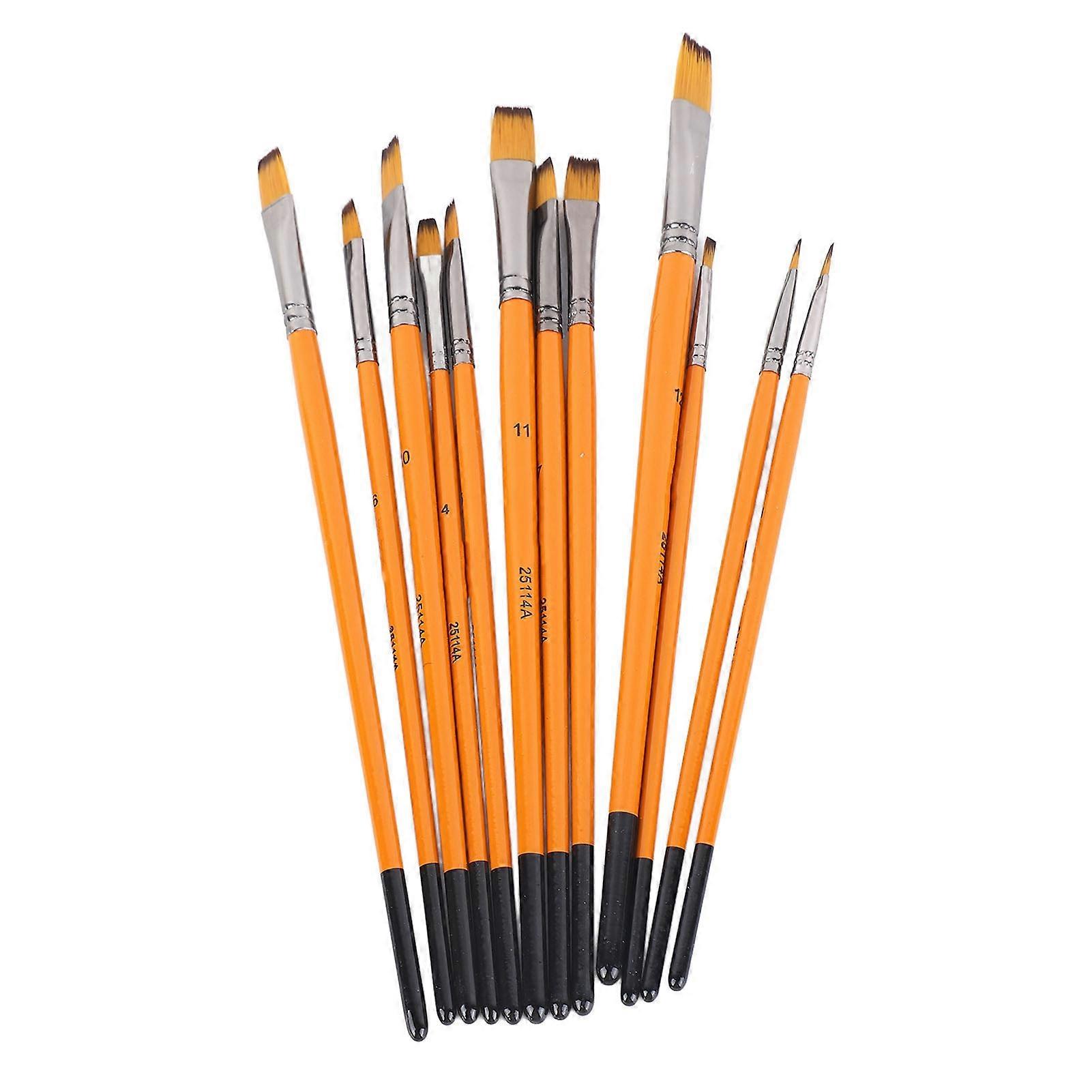 12Pcs Acrylic Paint Brushes Smoothing Nylon Wooden Handle Metal Ferrule Widely Used Artist Paint Brushes for Craft Art Orange Handle Flat Tip