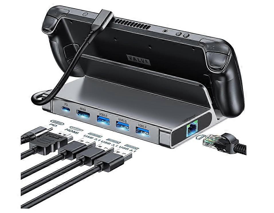 6-in-1 Steam Deck Dock Stand with HDMI 2.0 4K@60Hz, Gigabit Ethernet, 3 USB-A 3.0 and Full Speed Charging USB-C PD Port(Gray)