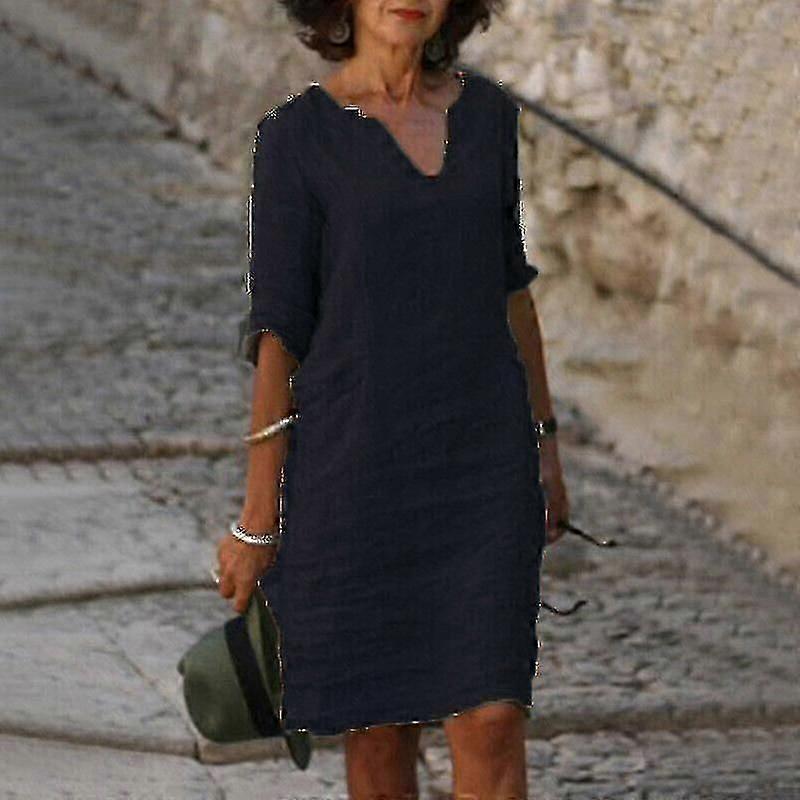 Manches courtes pour femmes Coton Lin Midi Robe Dames Solid V Neck Baggy Sundress-9