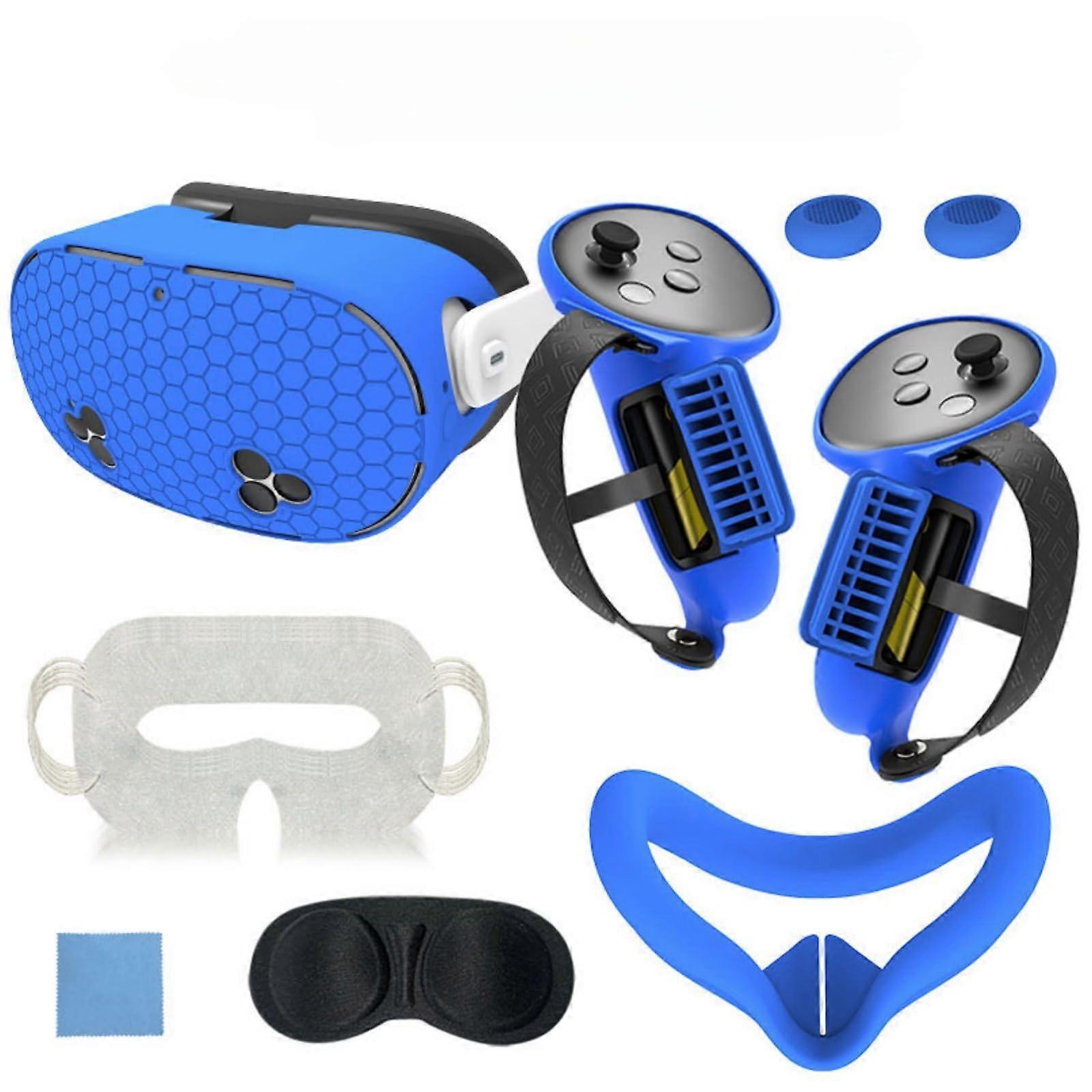 7 in 1 Protective Cover Set for Meta Quest 3S, Anti-Slip Silicone Headset Shell, Face Cover, Controller Grip, Lens Cover, Blue