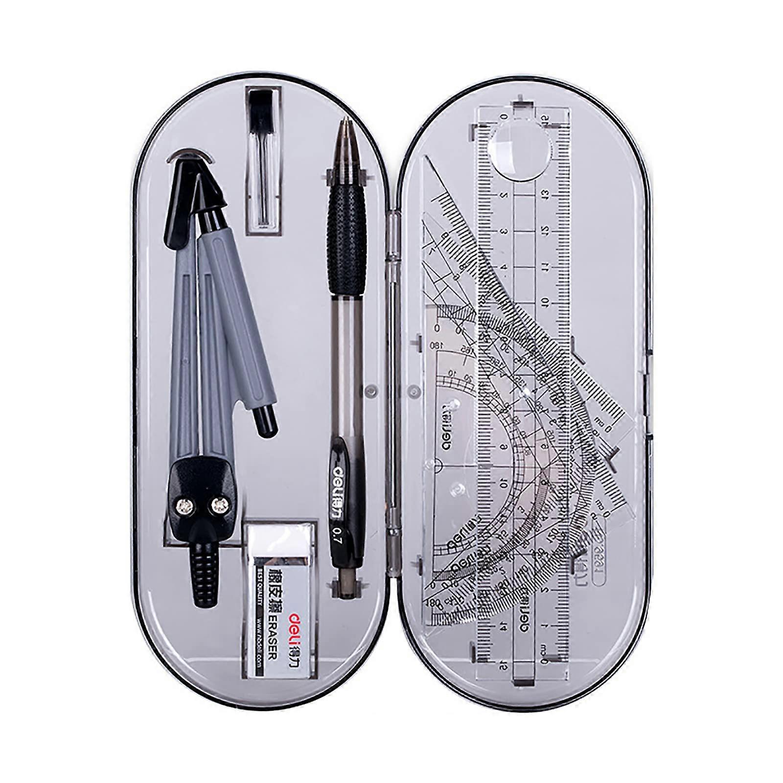 Compass Set for Geometry, 8-Piece Math Tool with Protractor, Set Square, Pencil Case, School Supplies for Students