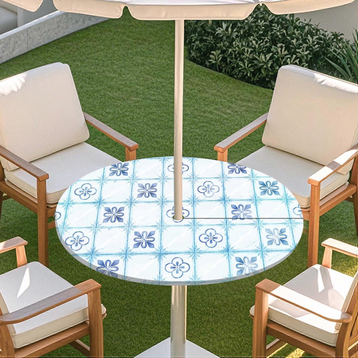 Patio Umbrella Tablecloth with Parasol Hole Zip, Large Round Waterproof Table Cover for Garden, Home, Cafe, Tile Pattern