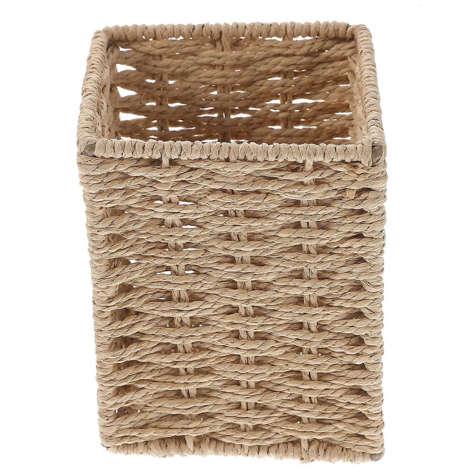 Yellow Handwoven Storage Basket for Desk or TV Cabinet Made of Paper and Iron 7x4x5 Inches