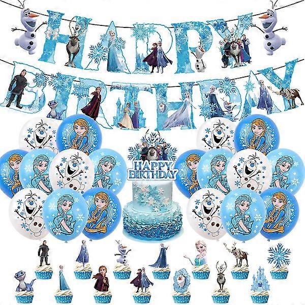 Frozen themed birthday party decorations and supplies for kids including Happy Birthday banner, cake/cupcake decorations, balloons