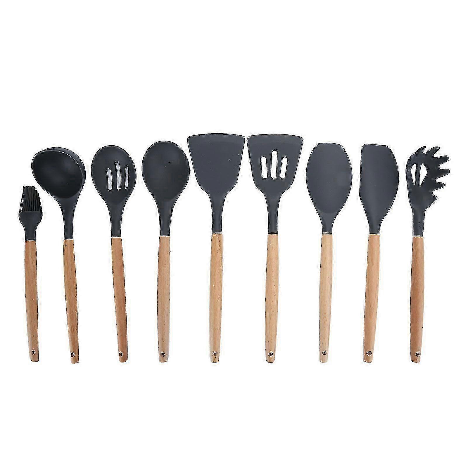 9Pcs/Set Silicone Kitchenware Kit Non-Stick Cooking Utensils Baking Tools with Wooden Handles Suitable for Various Brands