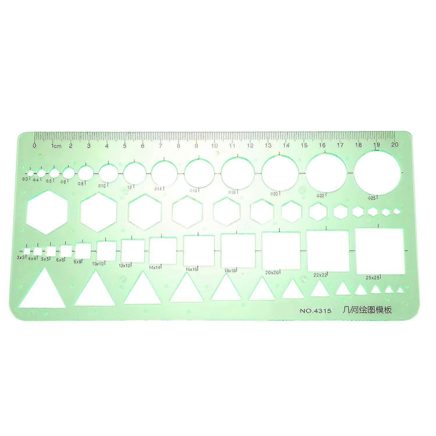 Plastic, green, circles, square, hexagonal, geometric, model ruler, 0 – 20 cm
