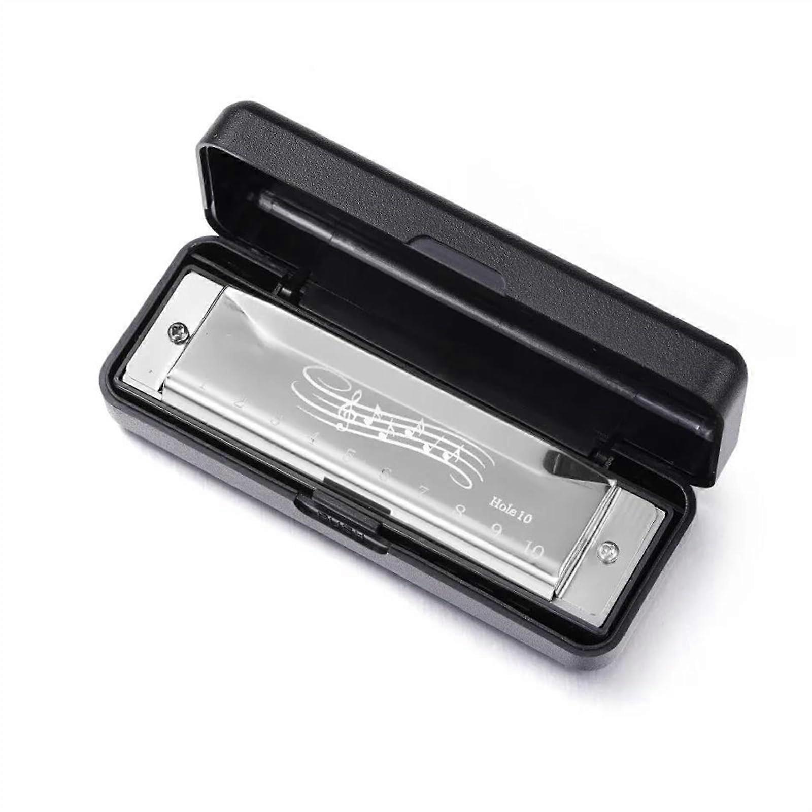 10 Holes Key C Blues Harmonica Music Instrument, Black with Case, Perfect for Beginners, Silver Model, Durable Design