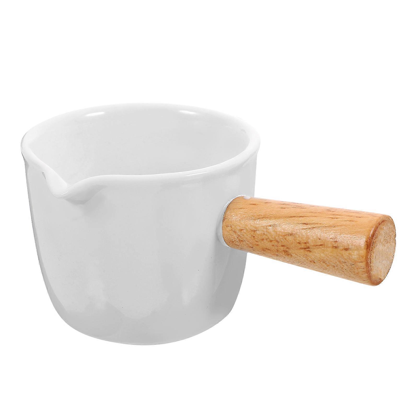 White Ceramic Pitcher for Sauce and Coffee Syrup with Wood Handle Great for Storage Use at Home Restaurants Bars 5.3 Inches