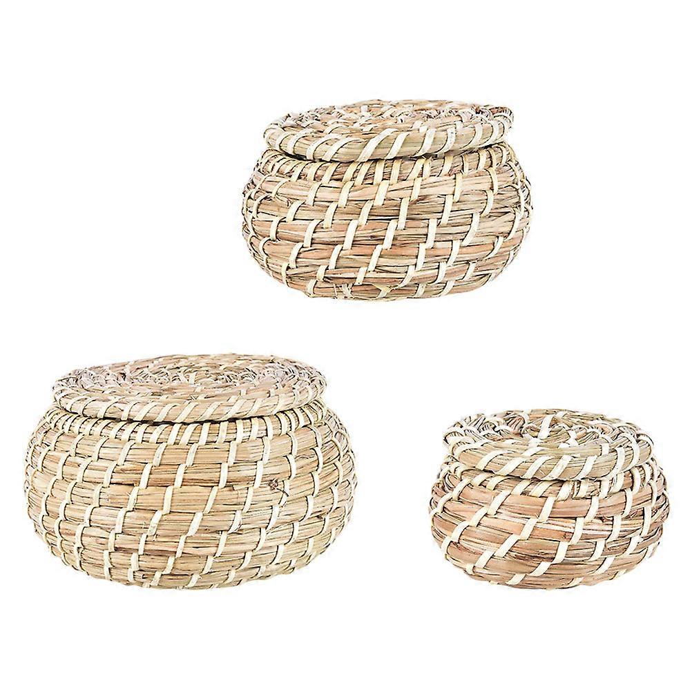 Grass Storage Basket with Cover for Home Organization 3Pcs Set