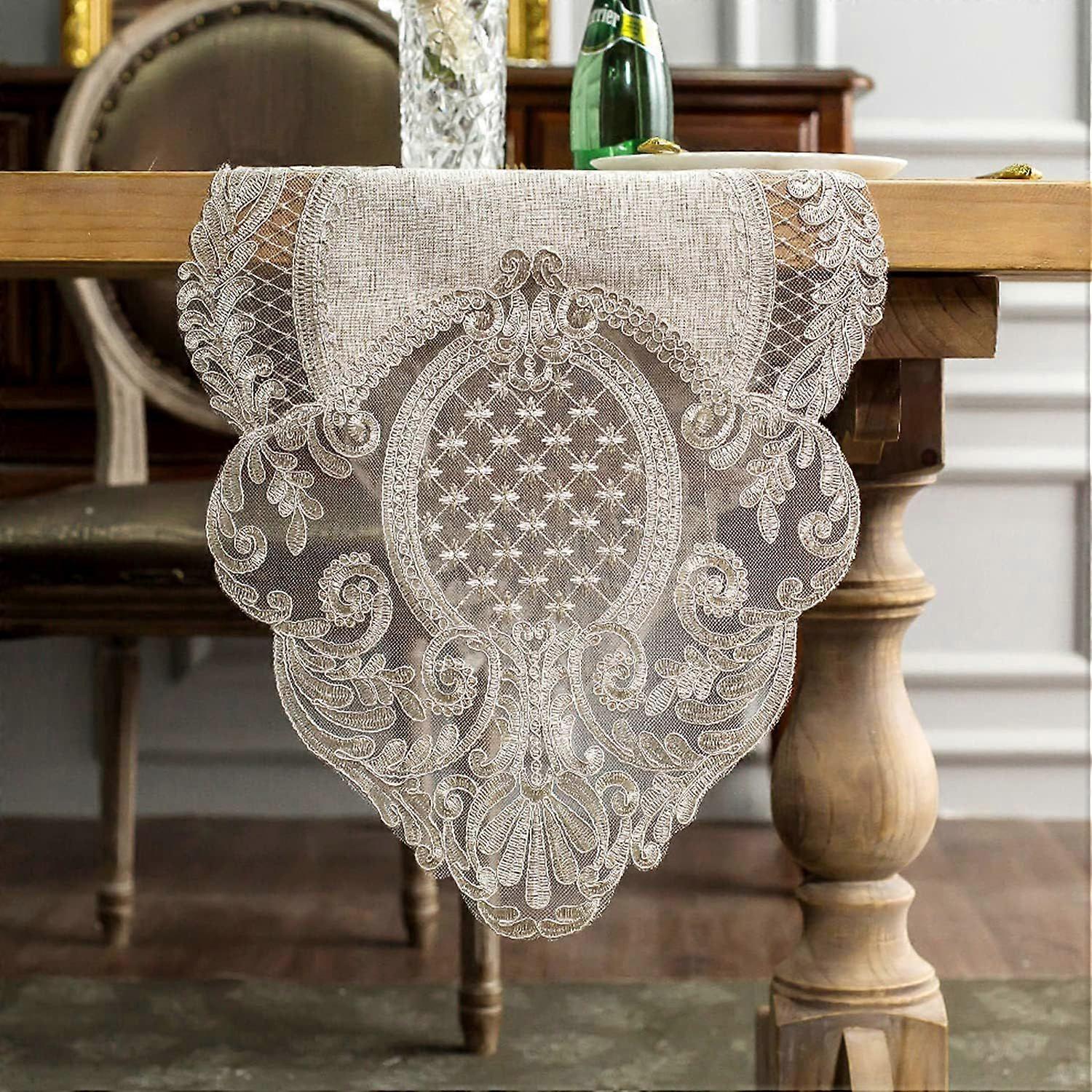 Lace Table Runner Rectangle Gray Cotton Linen Fabric Dresser Scarf with Exquisite Macrame