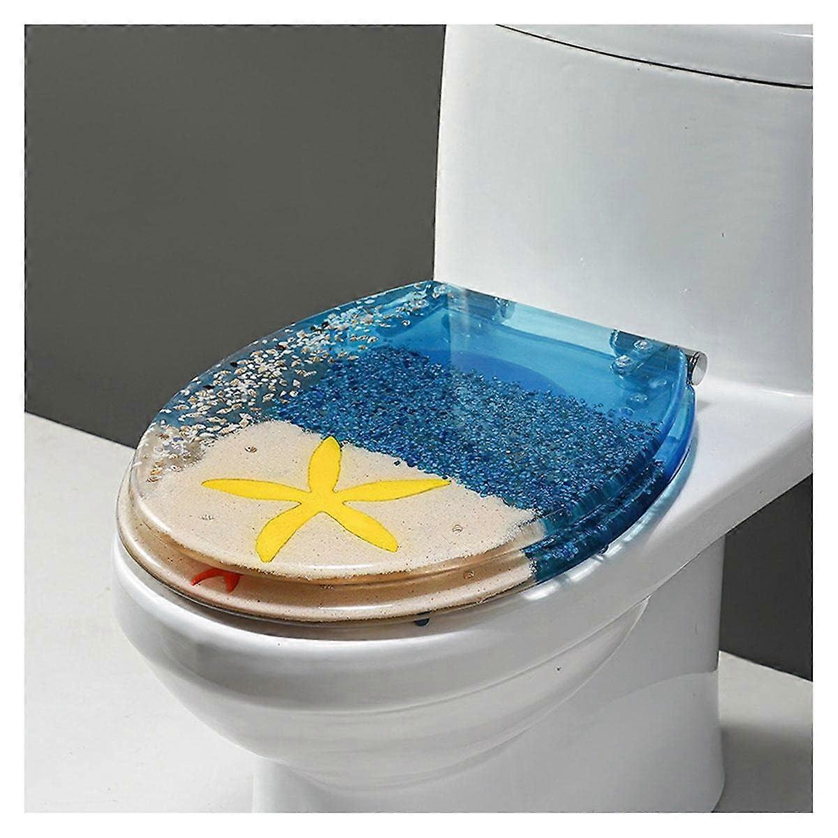 Ocean Series Art Slow Close Resin Toilet Seat With Cover, 3D Dolphin Starfish Seashells, For U/V/O Type Toilets