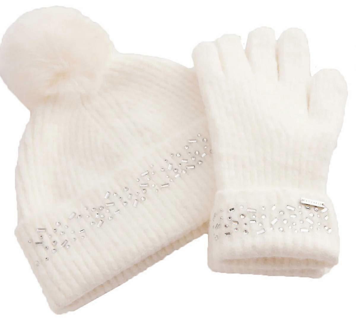 Ted Baker Keriis Rhinestone Knitted Hat and Gloves Set - Cream