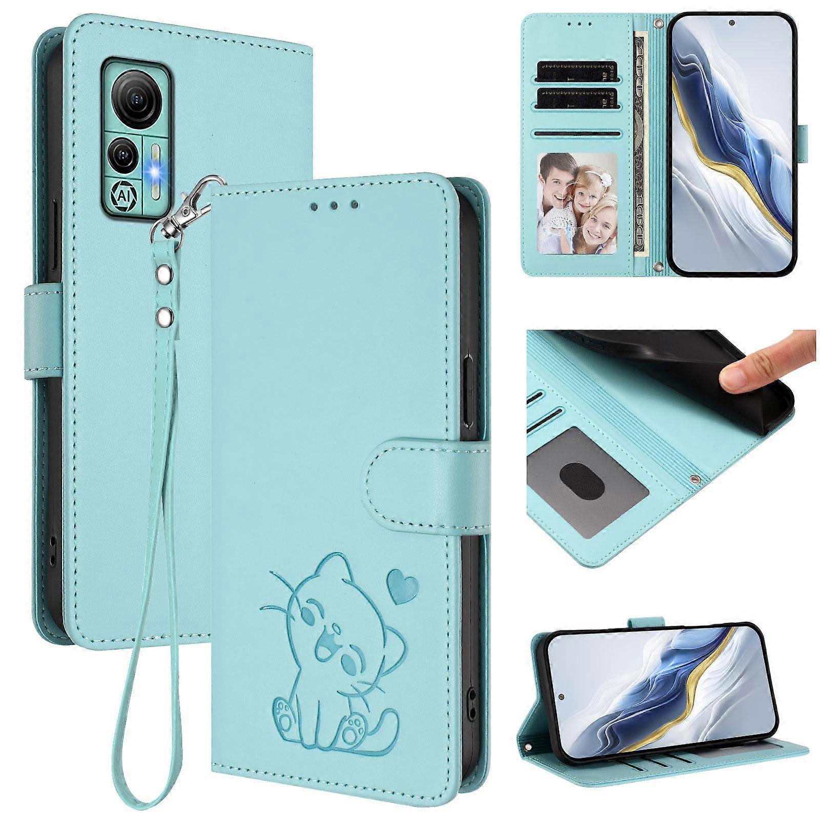 Embossed Heart Cat Leather Phone Case with Hand Strap