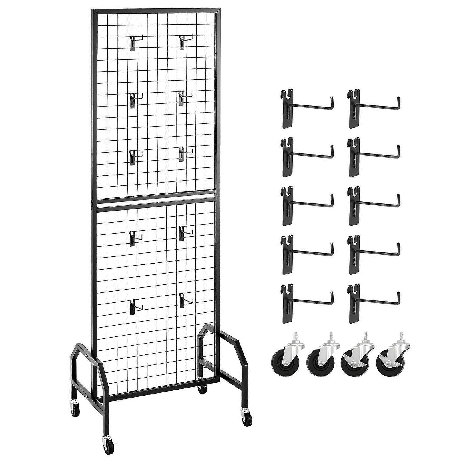 Grid Wall Panel, 600 x 1640 mm Wire Grid Panels Display Rack with Wheels and 10 Hooks, Black Carbon Steel Gridwall