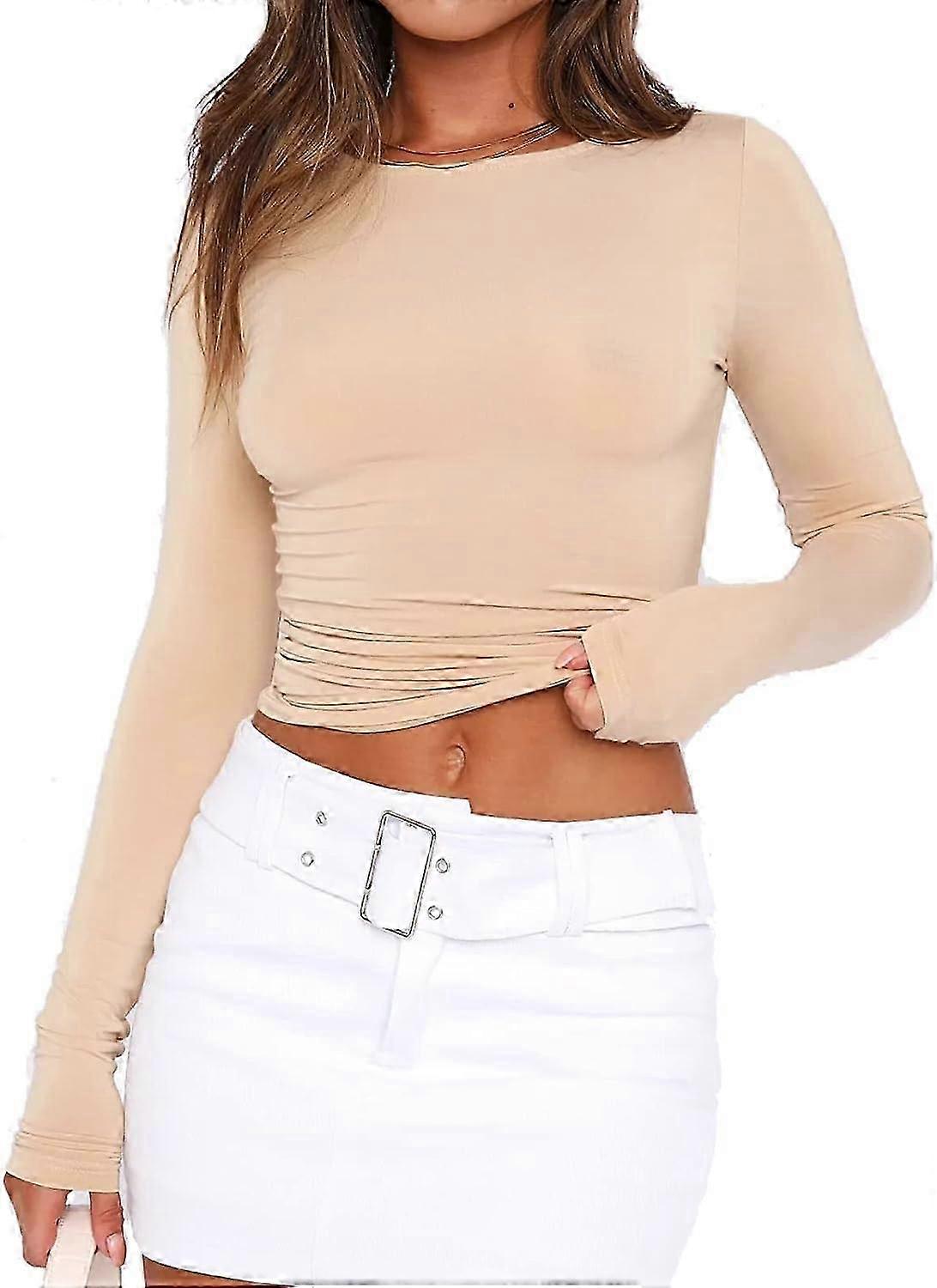 Damen Langarm Crop Top mit Rundhalsausschnitt Slim Fit Casual Hemd Einfarbig Basic Pullover Top