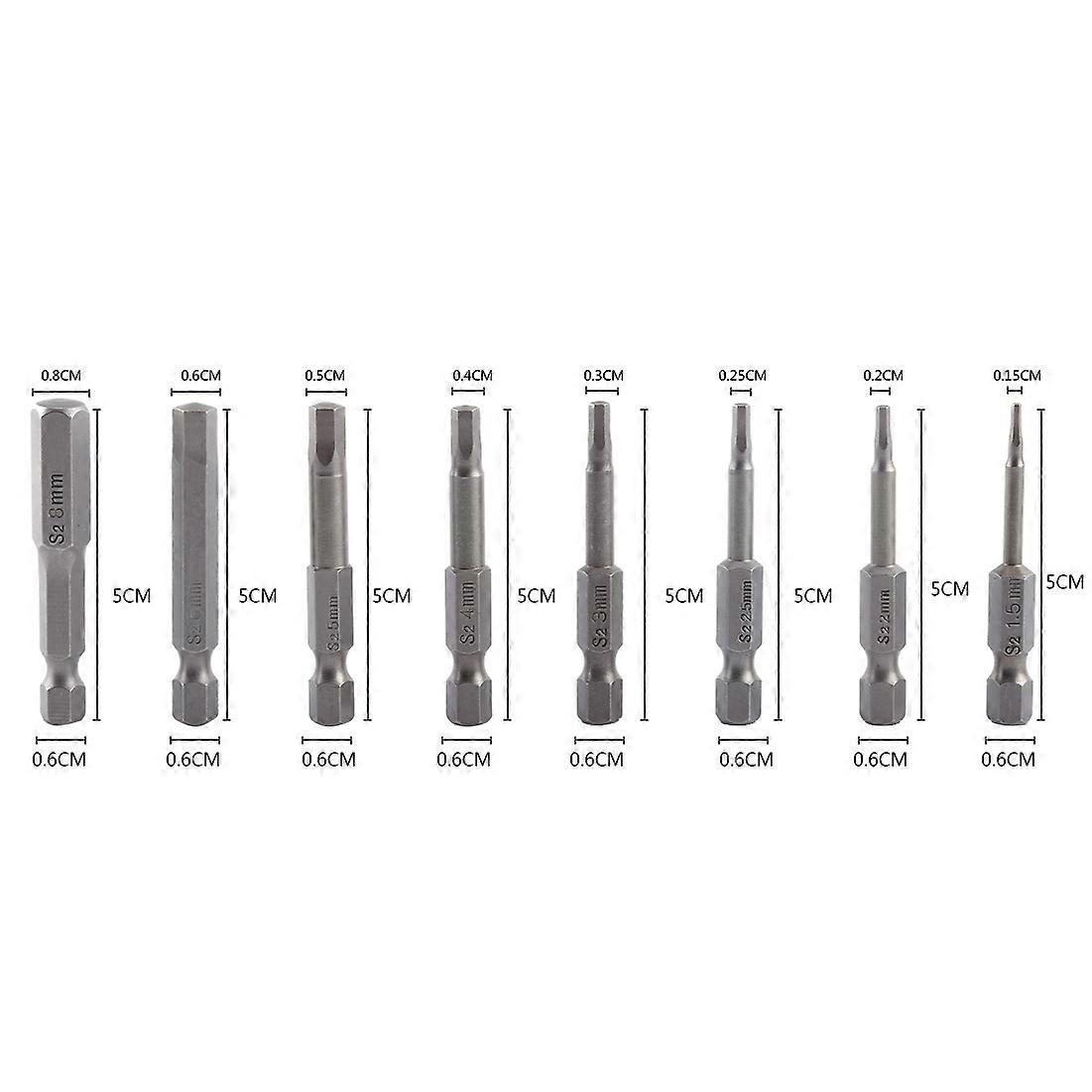 8pcs 50mm (1/4") S2 Hex Magnetic Screwdriver Bits Set H1.5-H8