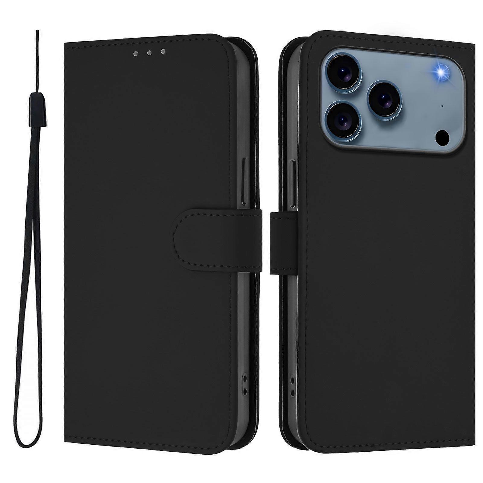 For iPhone 17 Pro Case Solid Color Wallet Leather Phone Cover with Strap