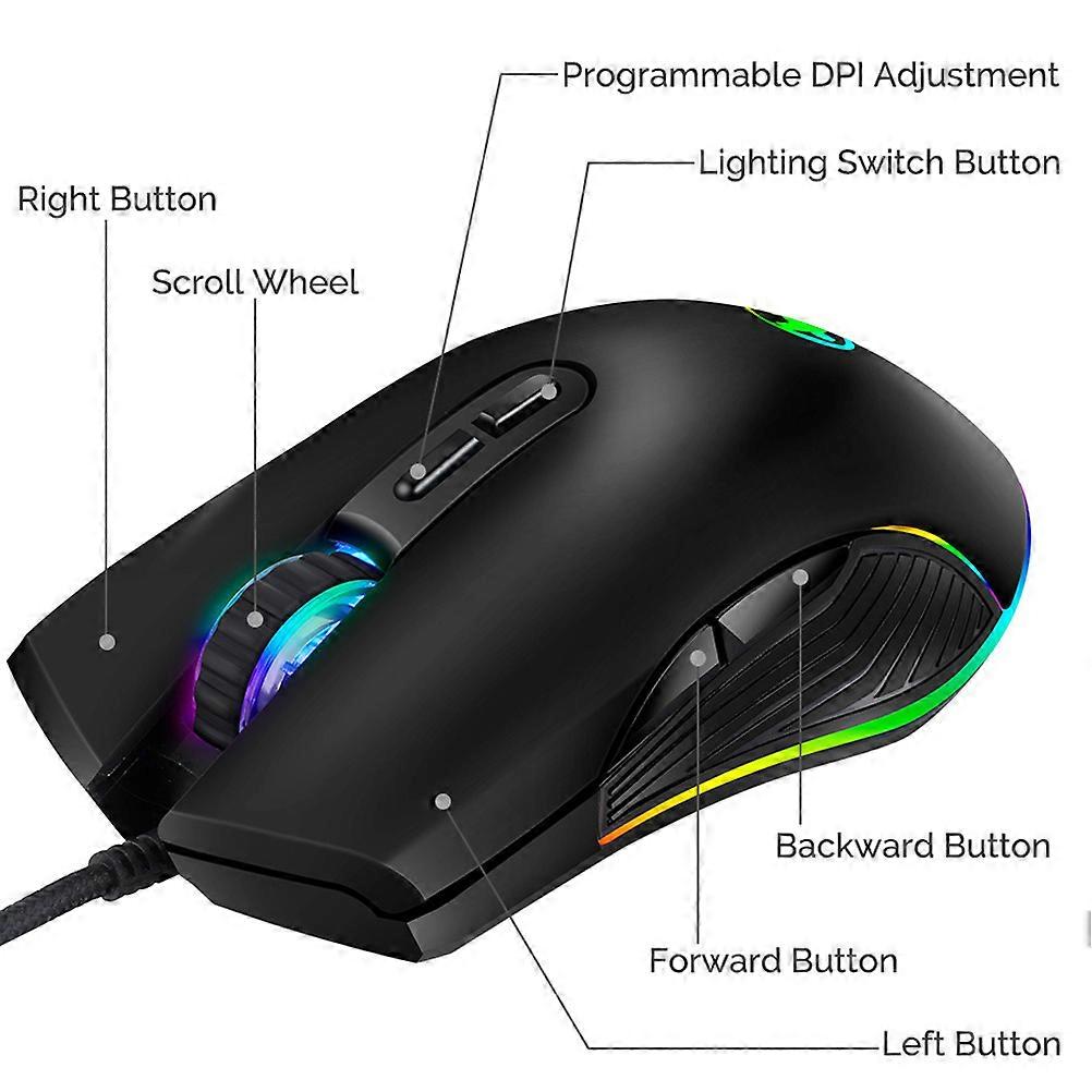 USB Gaming Mouse 7 Keys RGB Optical Sensor for PC Laptop Games Black RGB Backlight 1Pack