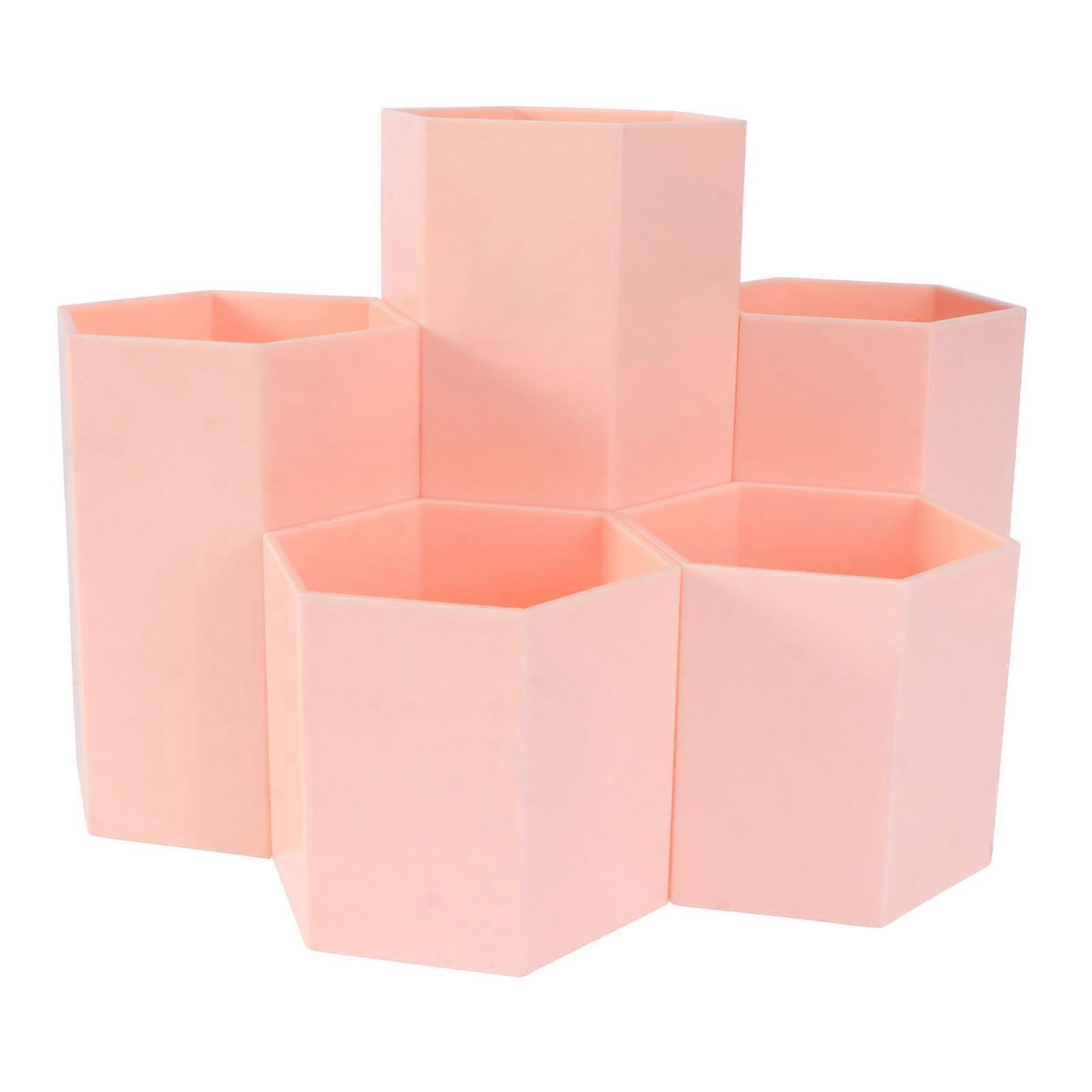 Hexagon Pen Container for Desktop Use with 3Pcs Pink Storage