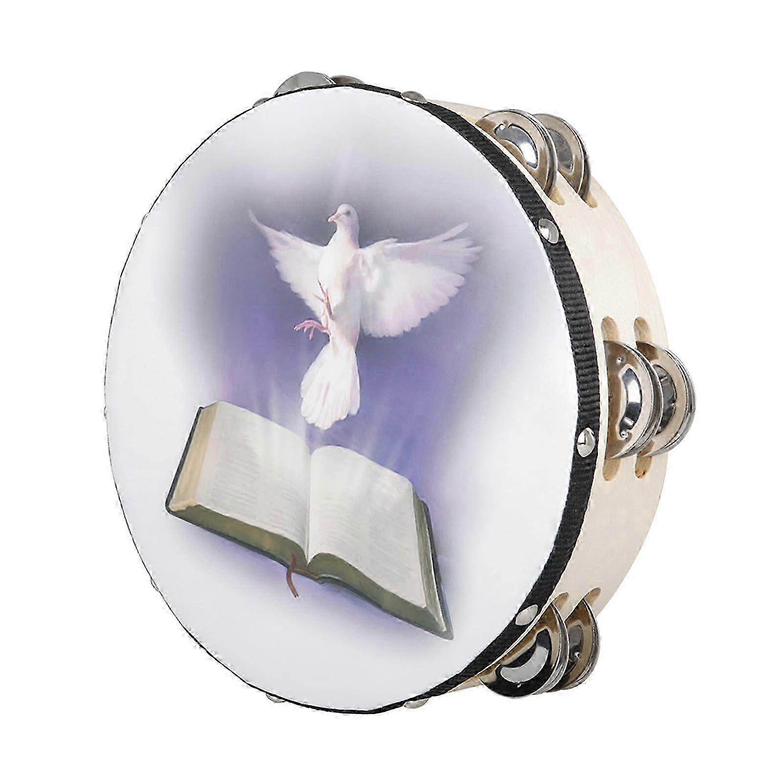 Bible Tambourine With Two Rows of Bells - Handheld Percussion Instrument for Church Events and Parties