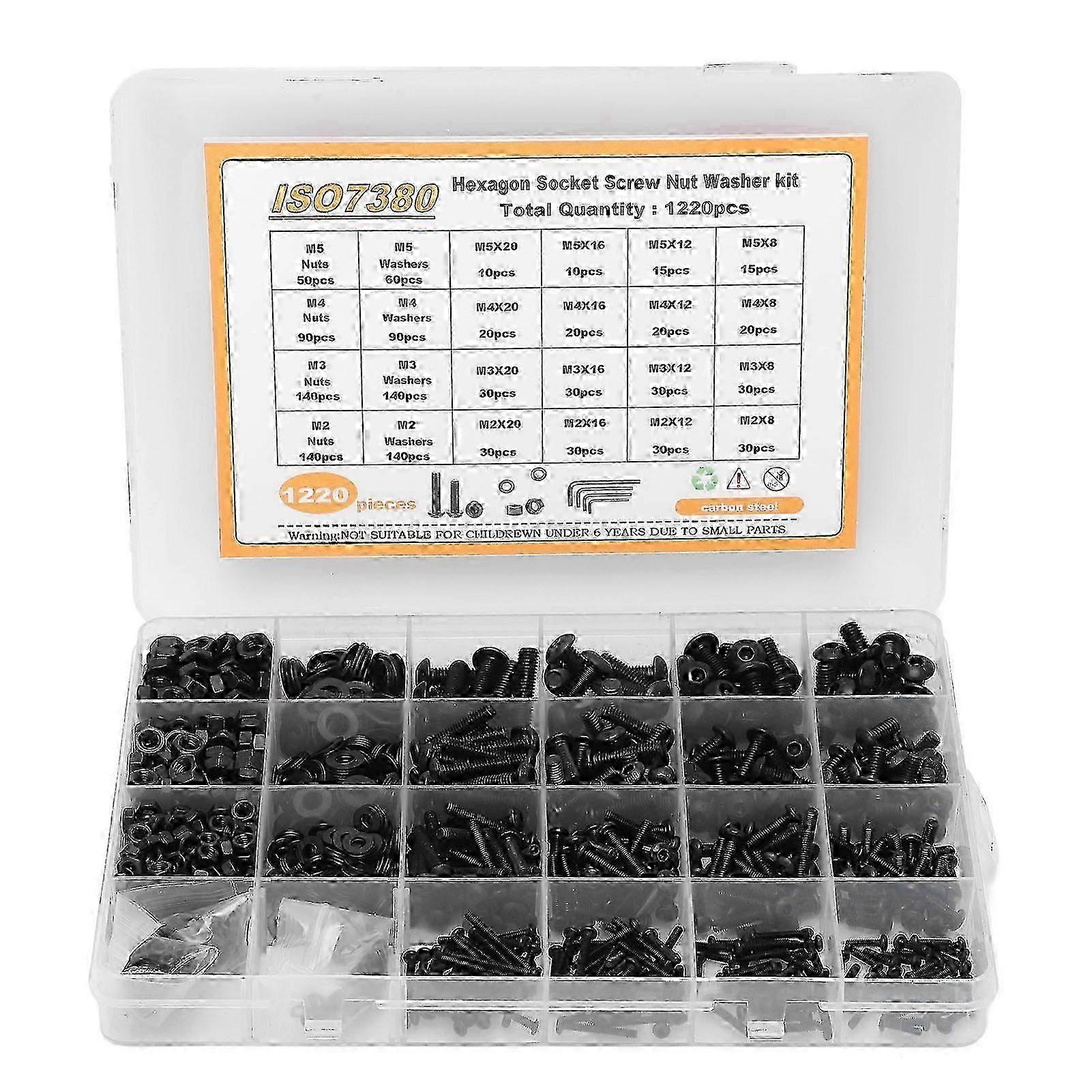 1220 Pcs Screw Nut Washer Kit Carbon Steel M2 M3 M4 M5 Half Round Head Hex Socket Screws Nuts Washers Set
