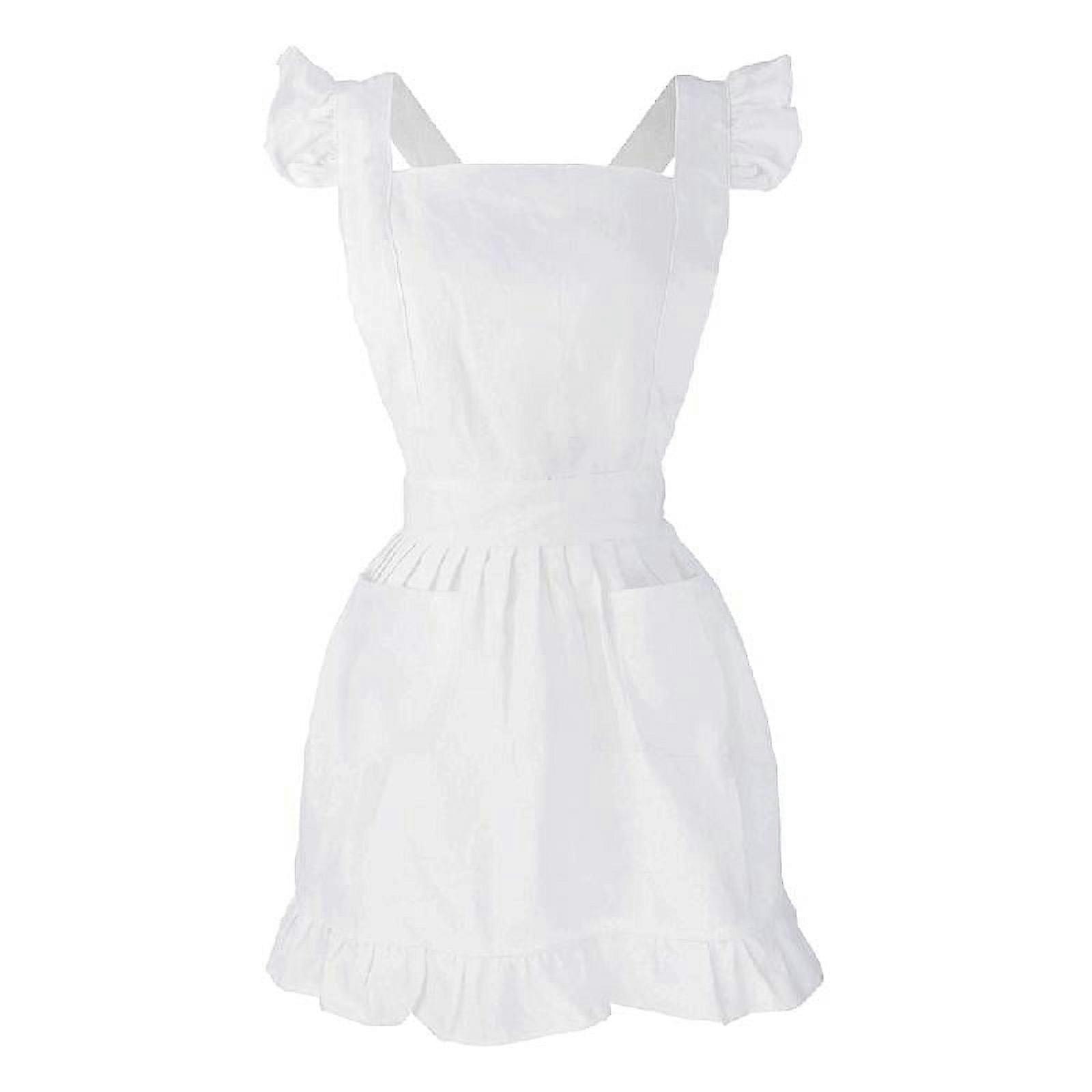 ✪ Ruffles Outline Retro White Apron with Pockets Adjustable Victorian Maid Bib