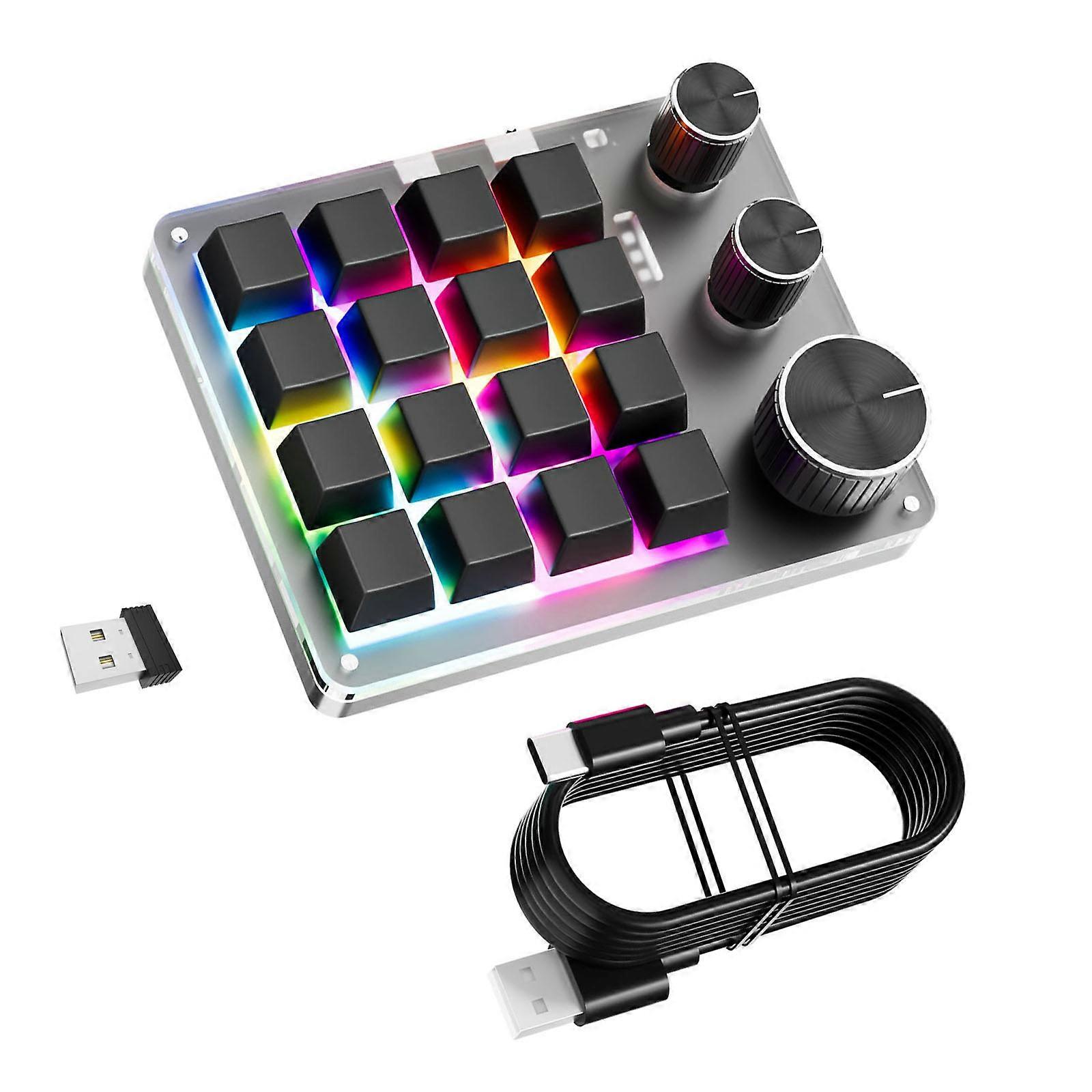 USB C Macro Programmable Keypad with 16Keys Customizable and 3 Knobs Bluetooth-compatible for Gamers and Office Multicolor