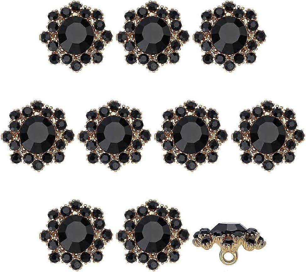 10 Pcs Flower Rhinestone Shank Buttons 0.65Inch Black Floral Sew On Buttons with 1-Hole Rhinestone Golden Alloy Shank Button for DIY Craft Bouquet Dec