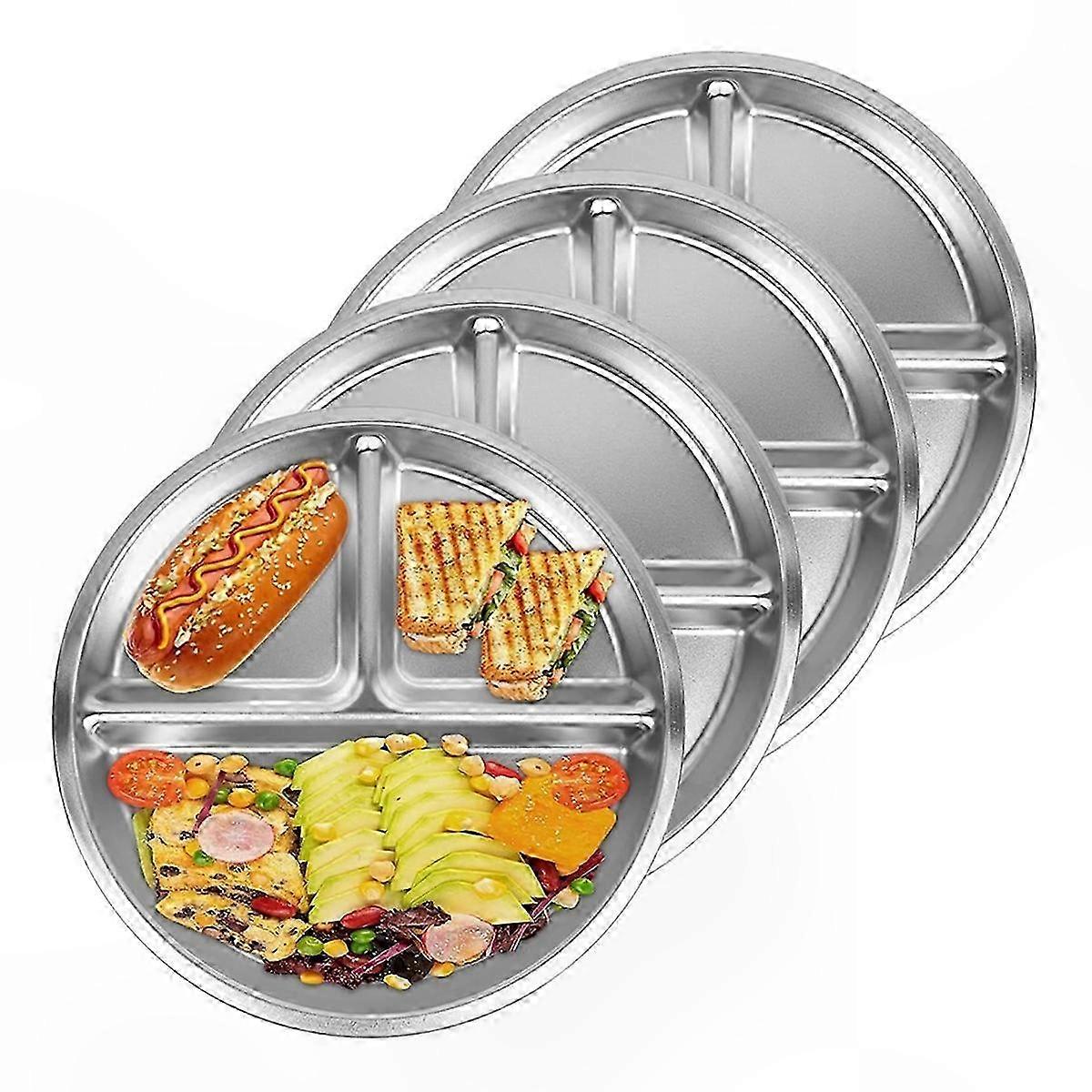 3-Section Round Divided Plates, 8" Stainless Steel Portion Control Plates (4 Pack)