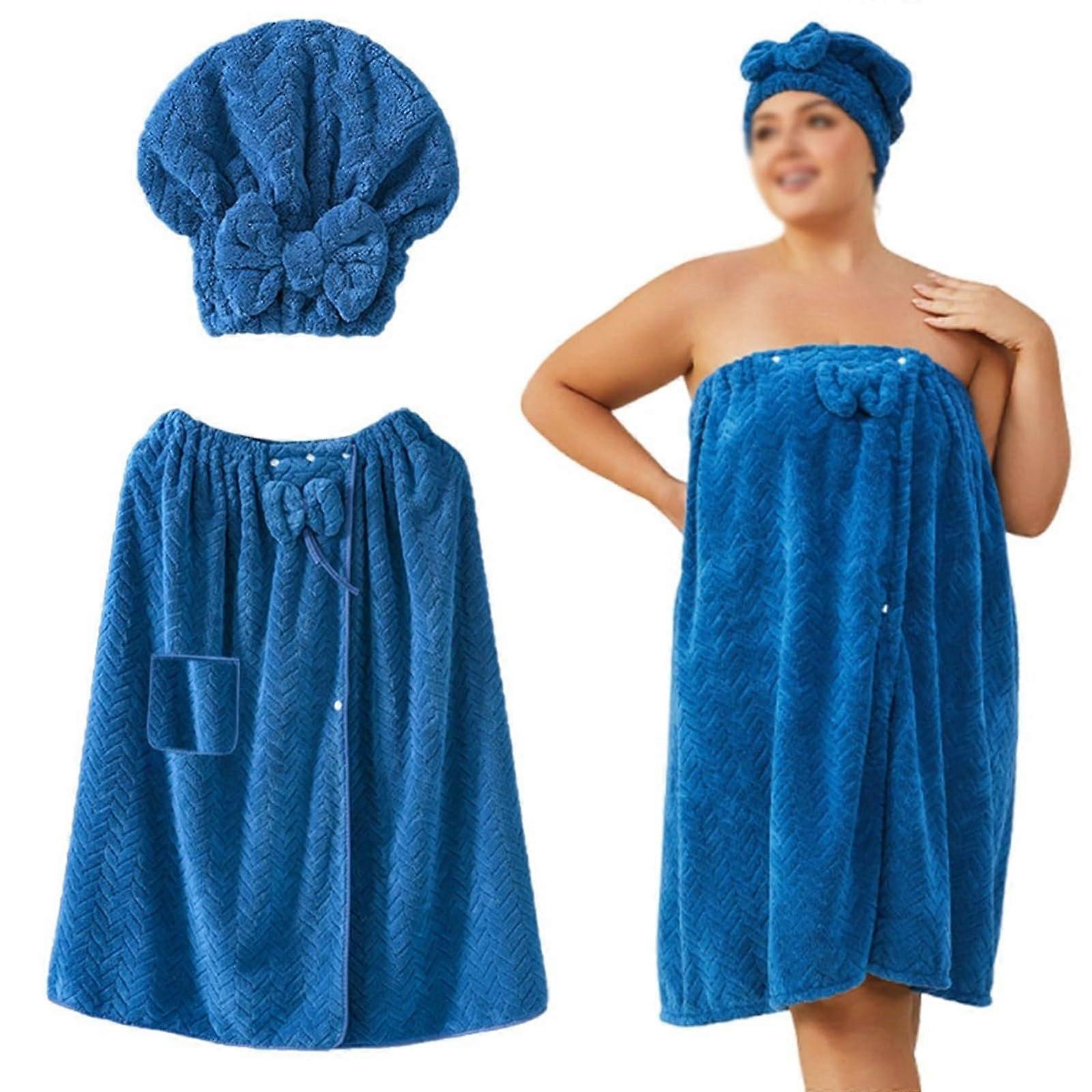 Plus Size Bath Towel Wrap with Quick Dry Microfiber Hair Towel, Adjustable Spa Set for Women Blue