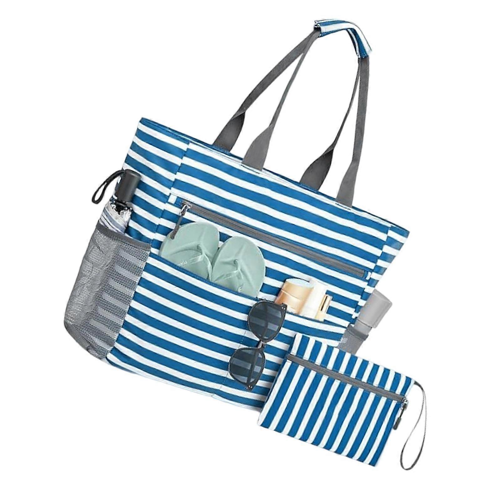 Large Waterproof Beach Tote Bag for Women Sandproof Compartments Durable Polyester Blue