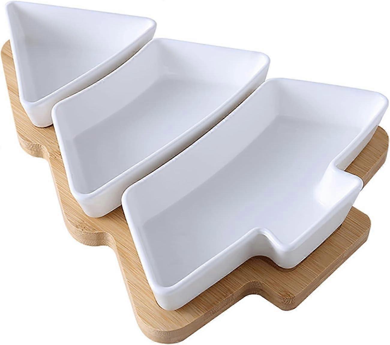 Christmas Tree Ceramic Serving Platter with 3Compartment Design and Bamboo Tray, White S