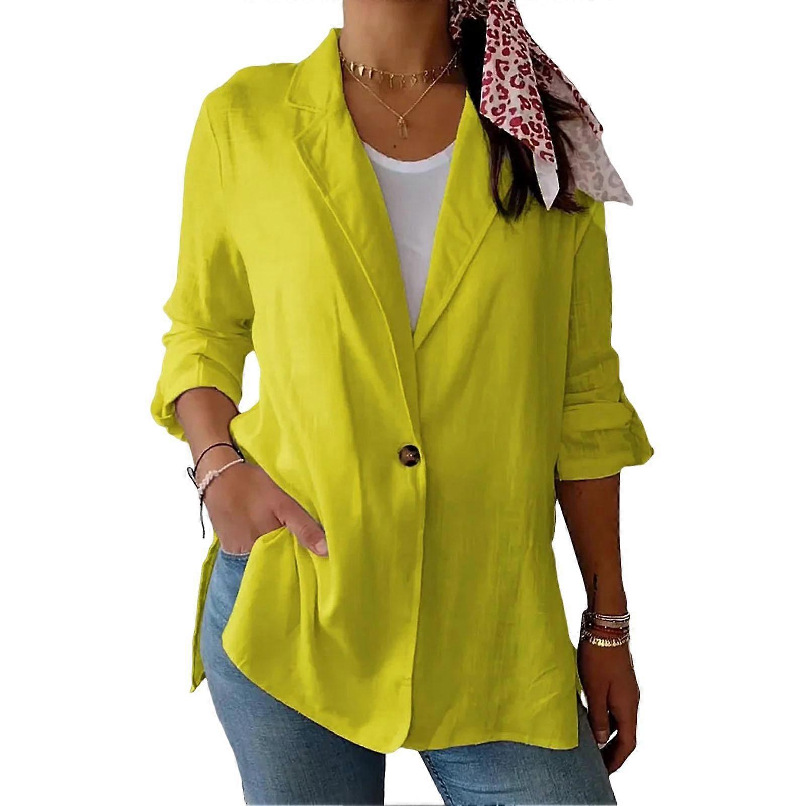 Women Suit Coat Lapel Long Sleeve Single Breasted Suit Jacket Side Slit Hem Solid Color One Button