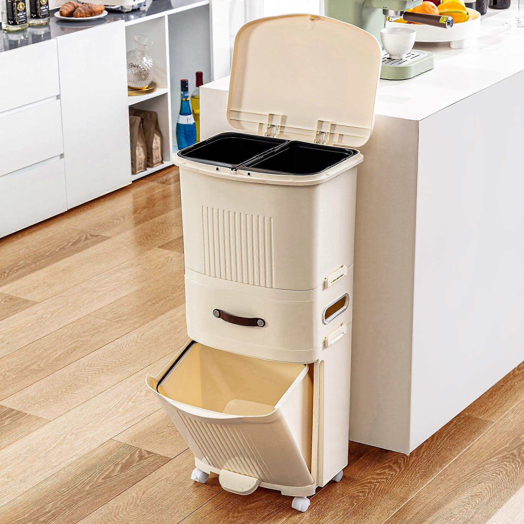 12 Gallon Tall Kitchen Trash Can with Lid, Slim DoubleLayer Waste Sorting Bin, Hands Foot Pedal