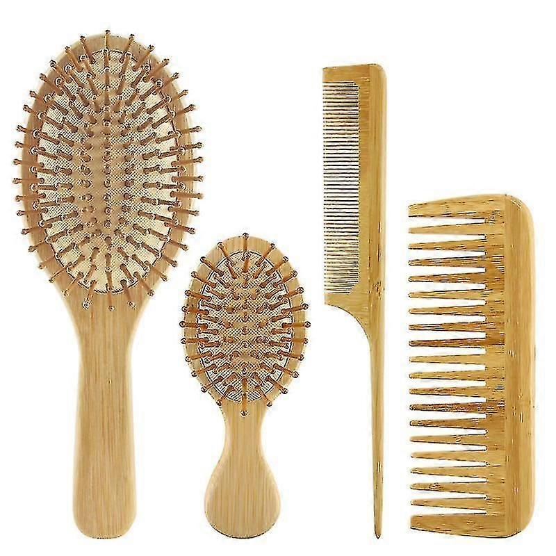 Bambu Hårborste Kam Set 4 Delar Paddlar