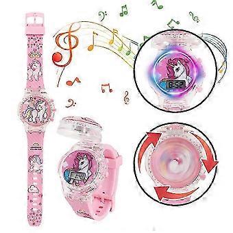 Kid Cartoon Character Watch Flashing Light Up Glow Digital Musical Watches Spinning Top Flip Cover Wristwatch
