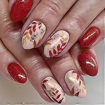 Almond Press On Nails Thanksgiving False Nails Leaves False Nails Glittering Full Cover Stick on Nails for Women
