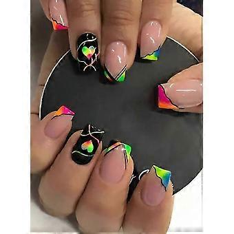 Pink Press-On Nails with Rainbow Heart Accents and Neon Geometric French Tips