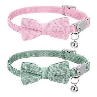 2 Pcs Kitten Collars, Soft Corduroy Small Cat Collar with Bell and Bow Tie, Adjustable Breakaway Safety Kitten Collars for Pets (Pink and Light blue)