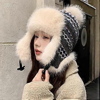 Women's Warm Knitted Trapper Hat with Pom-pom