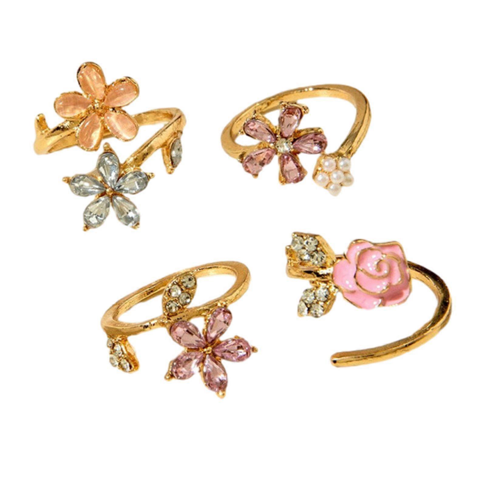 4Pcs/Set Adjustable Ring Set, Pink Flower Multi-Petal Design Finger Ring, Stackable Multi-piece Ring Set for Jewelry Gift