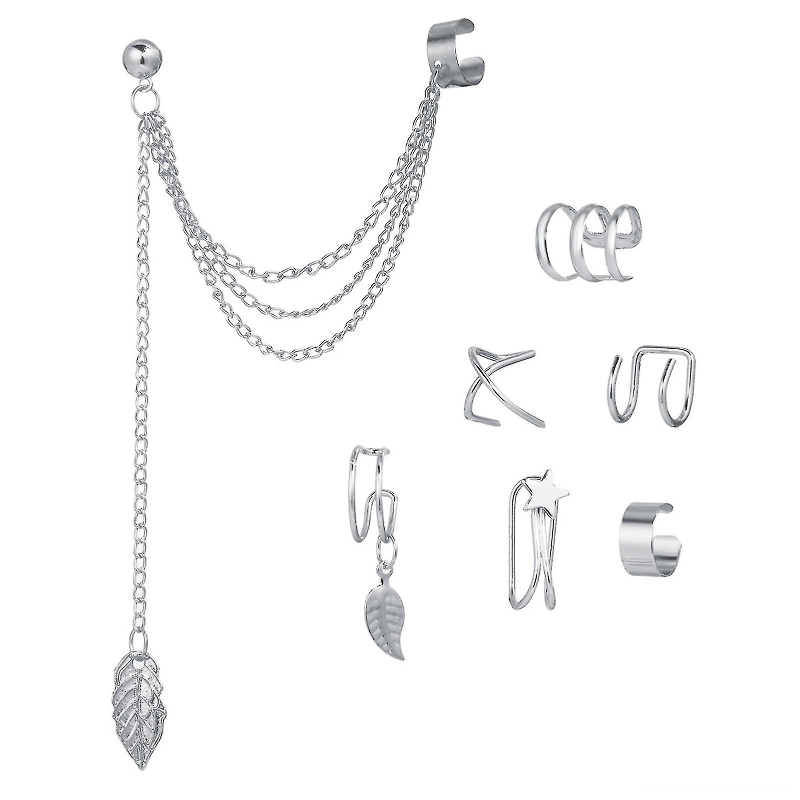 7 Pcs / set Ear Clips Set Solid Color Round Hip-hop Style Leaf Shape Long Tassel Huggie Boucles d’oreilles pour un usage quotidien