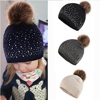 Fashion Rhinestone Inlay Solid Color Baby Pompom Hat Keep Warm