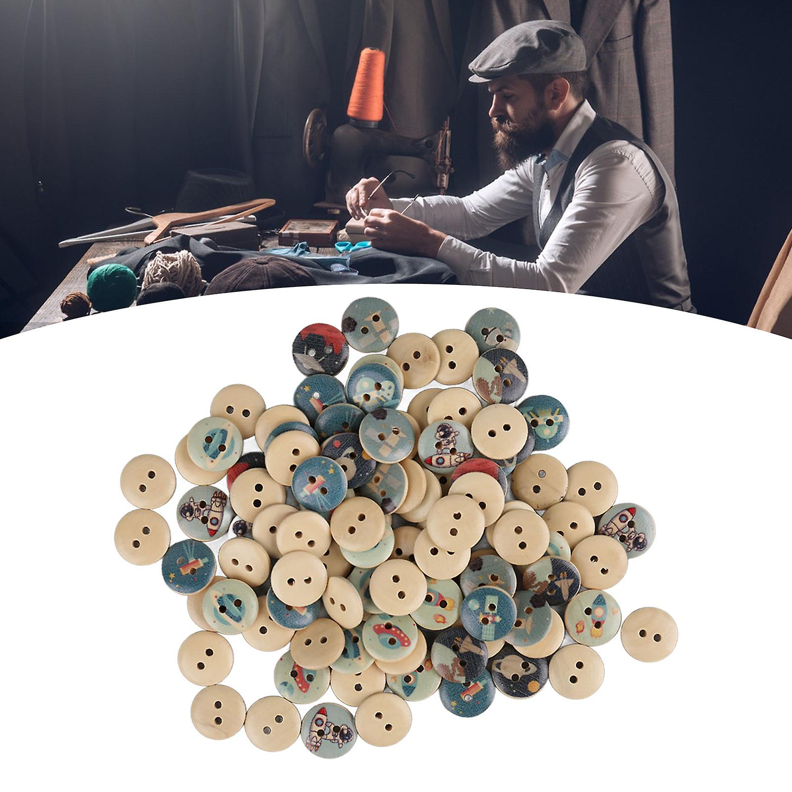 100pcs Mixed Printing Wooden Buttons 2 Holes Round Decorative Wooden Buttons for Sewing Craft Log Color Space 