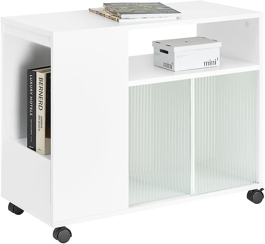 SoBuy FBT142-W, Mobile Safa Tabel με 4 συρόμενες γυάλινες πόρτες Πλαϊνό ντουλάπι αποθήκευσης με συρτάρι και 4 αποθηκευτικούς χώρους για σαλόνι