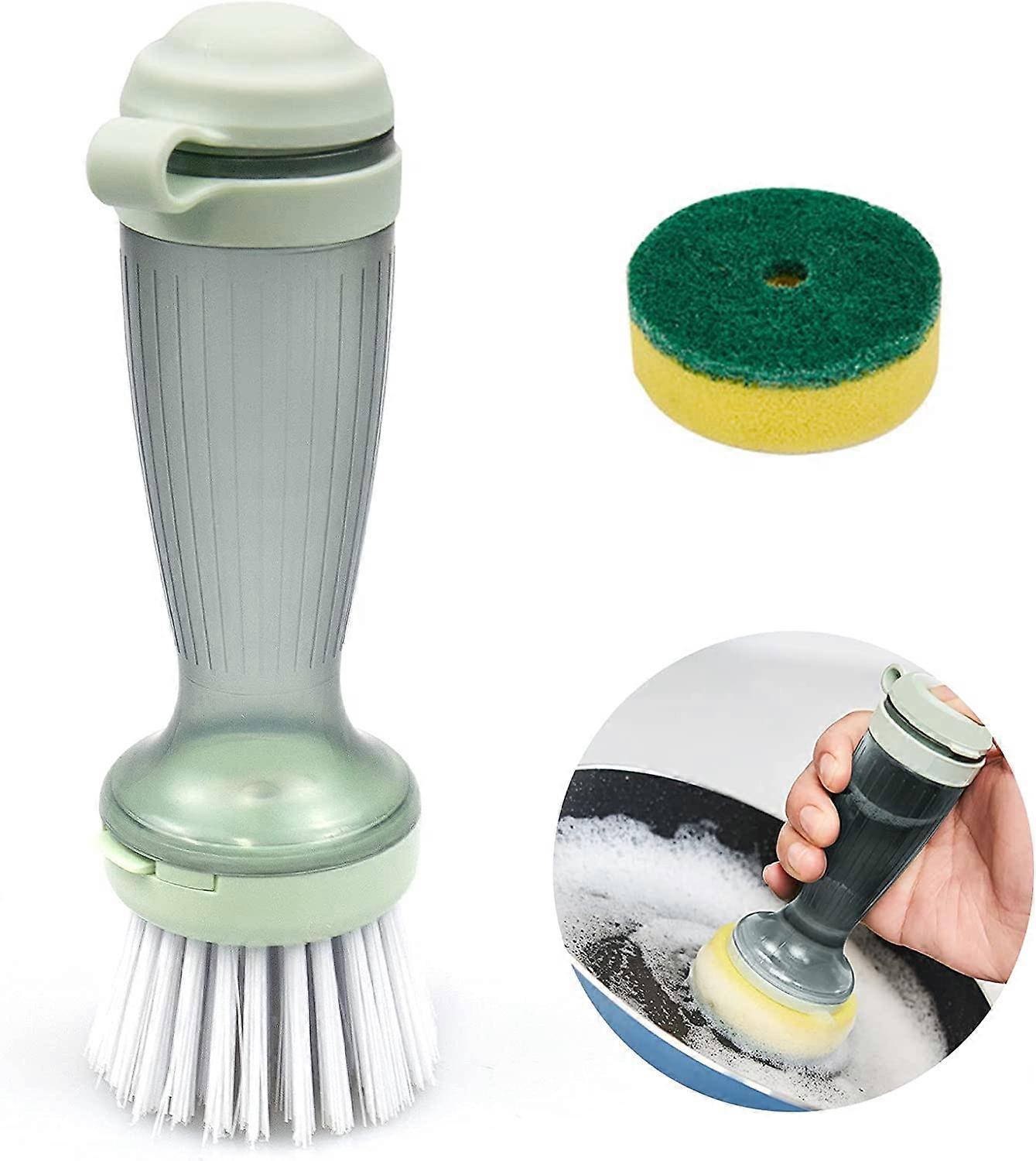 Dish Brush, Green Dishwashing Brush with Detergent Dispenser Multifunctional Replaceable Brush Head Brush