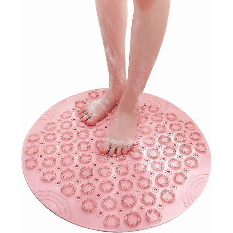 Shower mat, non-slip round bath mat with suction cup, massage function, machine washable (pink)